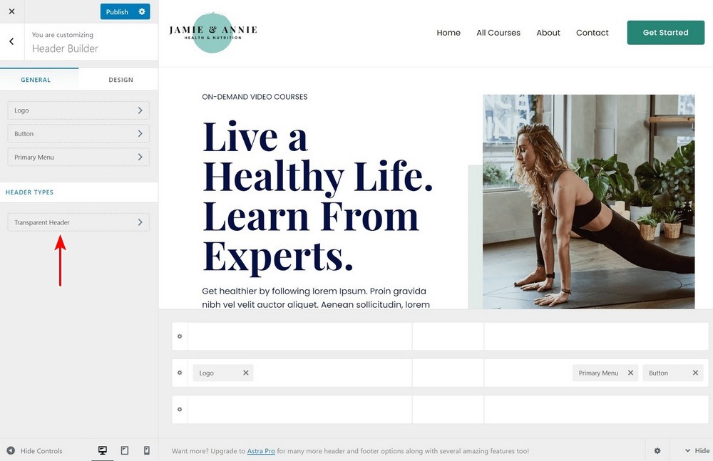 How To Customize the Header in WordPress (Beginner’s Guide) Astra Header builder transparent header