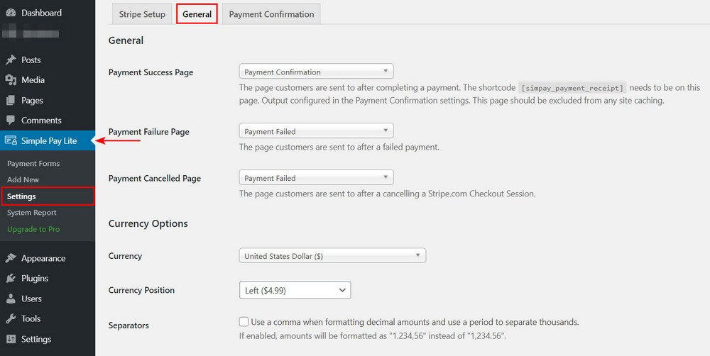 Payment Gateways Made Easy – Step by Step Guide to WordPress Stripe Integration WP Simple pay lite general settings