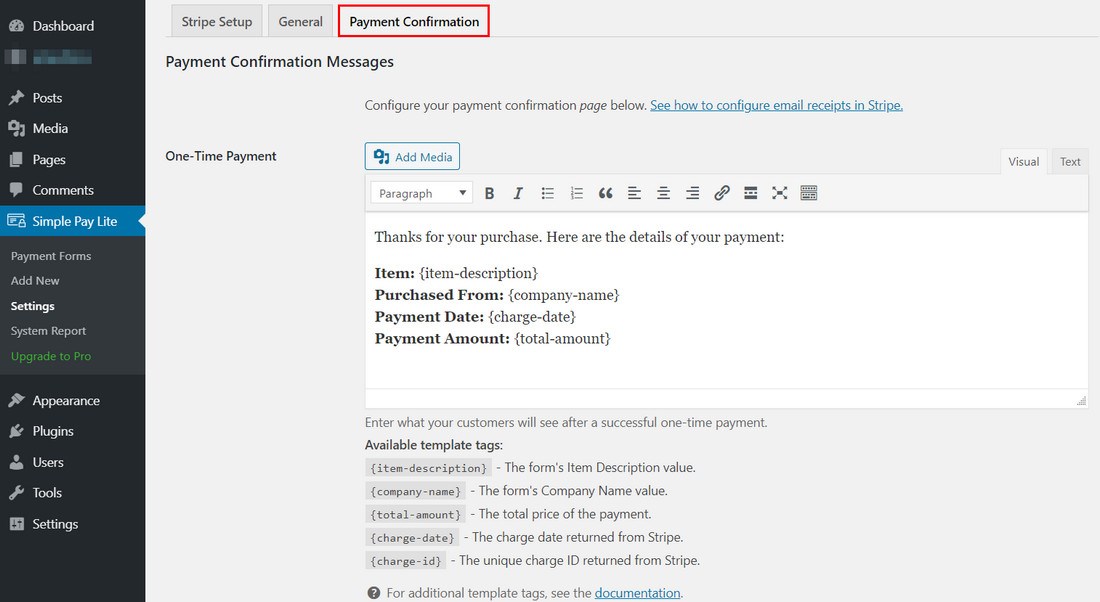 Payment Gateways Made Easy – Step by Step Guide to WordPress Stripe Integration WP Simple pay lite payment confirmation