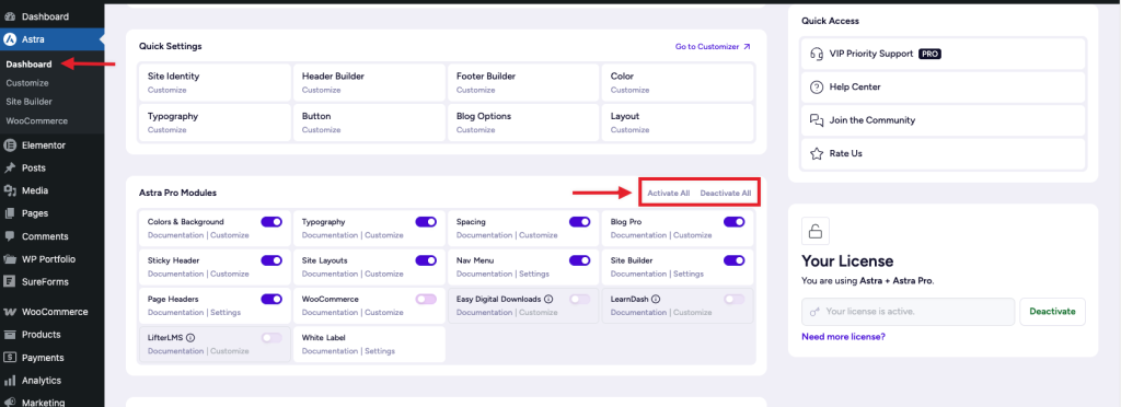 How to Clear Astra's Cache? Astra Dashboard Activate Deactivate Modules 1024x372
