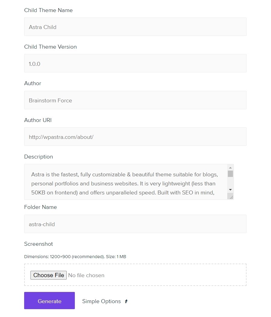 Create a Child Theme With WordPress (3 Methods) Astra child theme generator advance settings