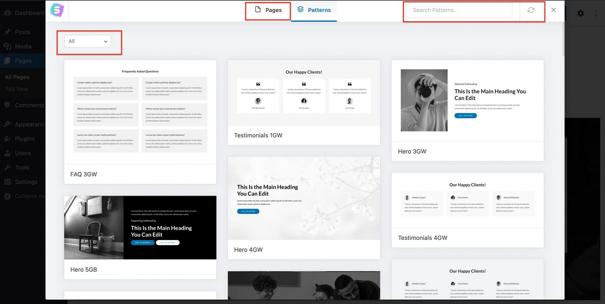 Introducing Gutenberg Block Patterns in Starter Templates Block Patterns Window Controls