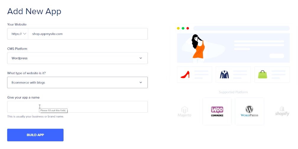 Convert WooCommerce to a Mobile App the Easy Way With Appmysite Create new app project
