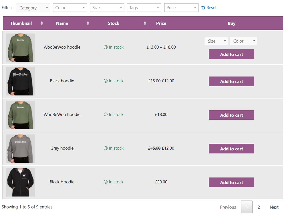 The Best 9+ Plugins To Manage WooCommerce Product Tables WooCommerce product table example