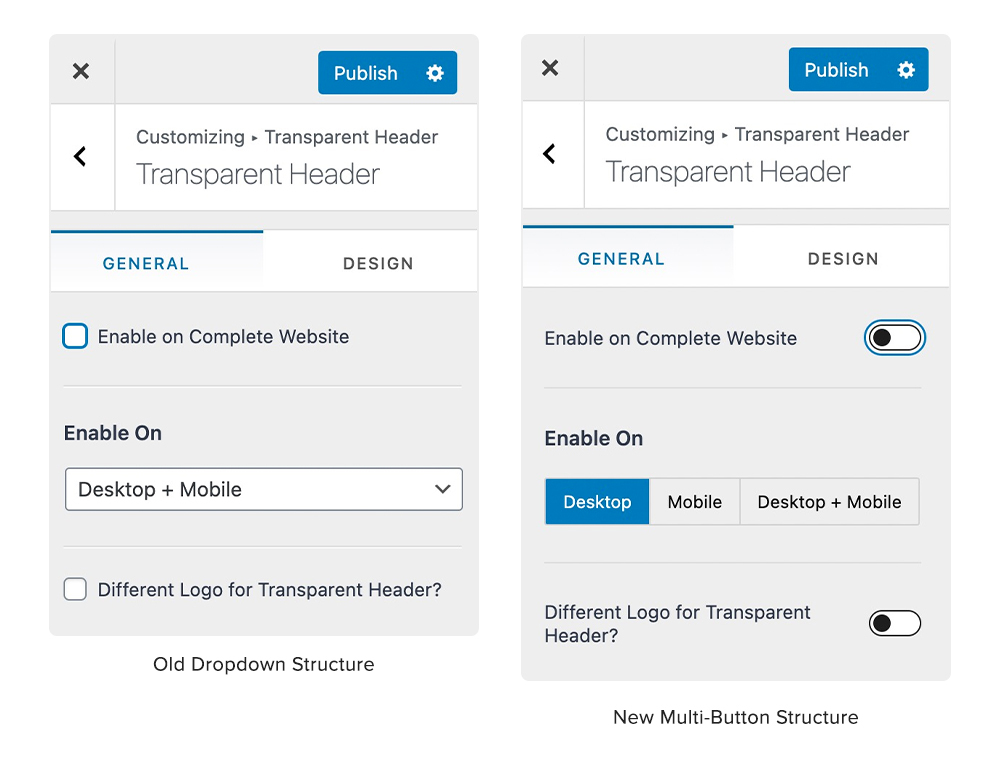 Astra 3.1 - Revised Customizer and Enhanced Header Footer Builder Astra 3.1 - dropdown is converted to multi-button