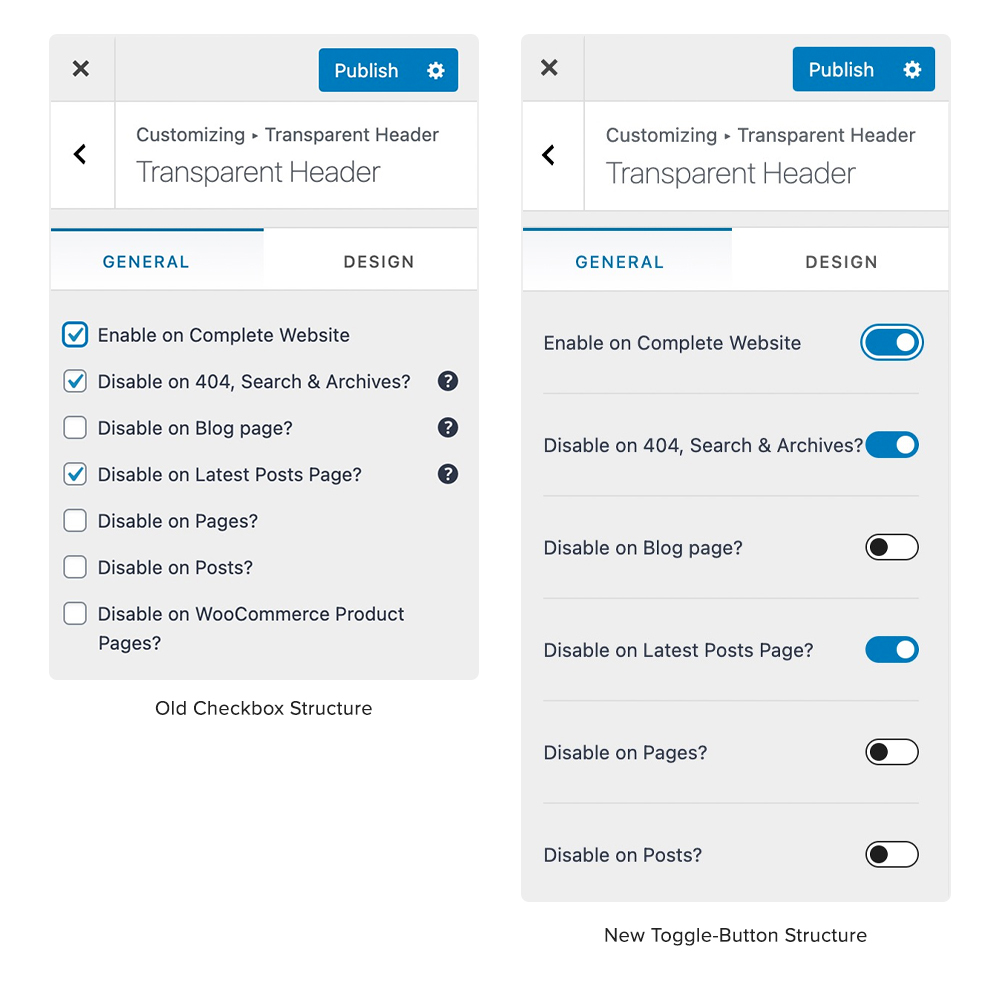 Astra 3.1 - Revised Customizer and Enhanced Header Footer Builder Astra 3.1 - checkbox converted to toggle