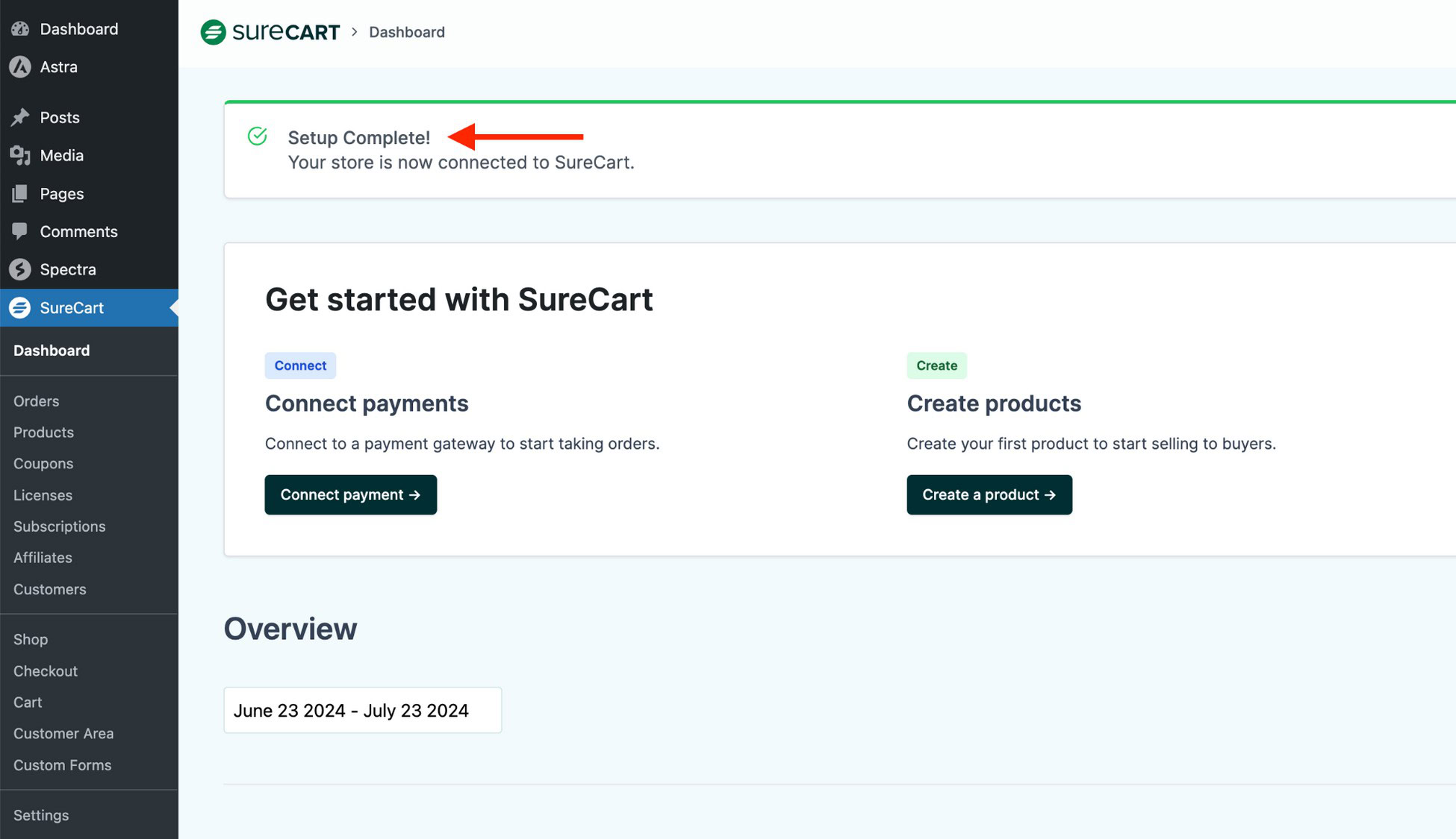 Create a Profitable Online Store in 7 Easy Steps With SureCart surecart setup complete message