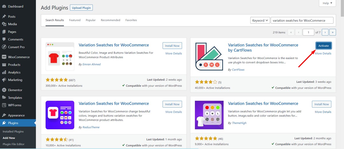 WooCommerce Product Variations: Your Complete Guide To Variable Products activate - Variation Swatches for WooCommerce Plugin
