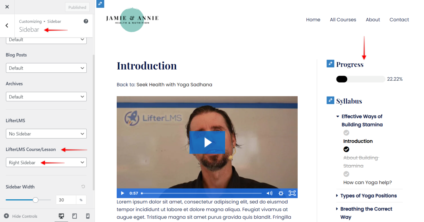 LifterLMS Integration in the Free Astra Theme Lifter LMS Sidebar - Course / Lesson, Astra 3.0+