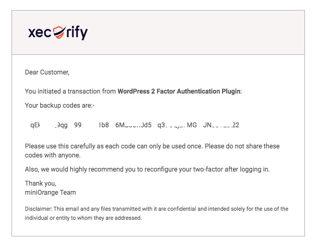 How To Enable Two Factor Authentication in WordPress (With a Free Plugin) email containing backup codes