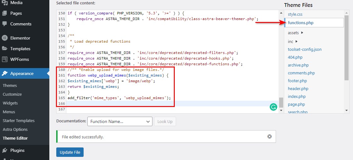 How To Use WebP Images in WordPress: The Complete Step-by-step Guide Astra functions php file