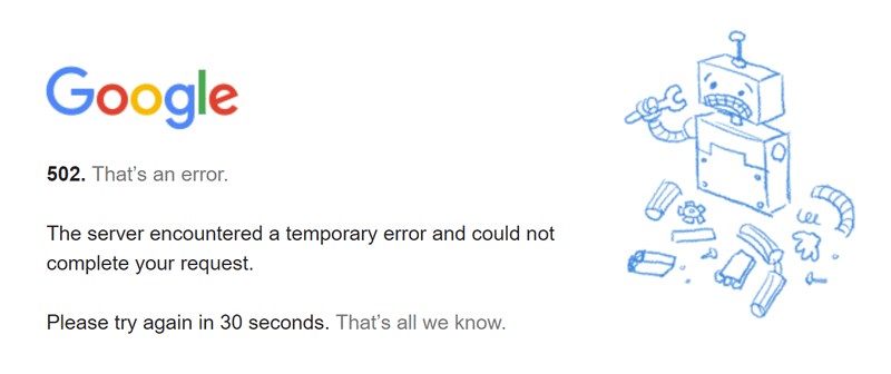 How To Fix 502 Bad Gateway Errors on Your WordPress Website google 502 error example