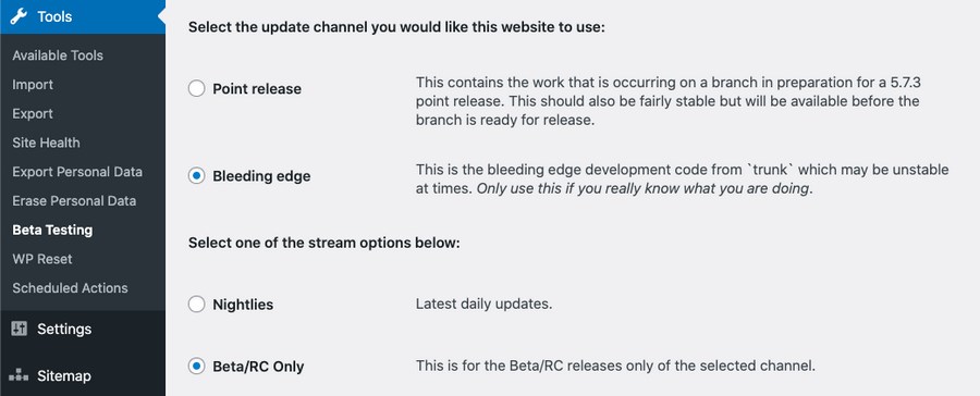 WordPress 5.8: What’s New in the Second Biggest WordPress Release This Year? WordPress Beta testing settings