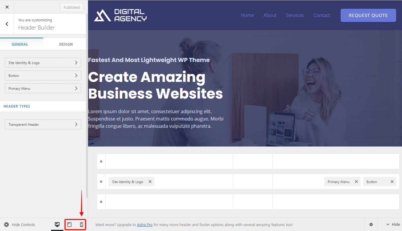 How To Create Mobile Header With Astra Header Builder Switching To Mobile or Tablet Viewports