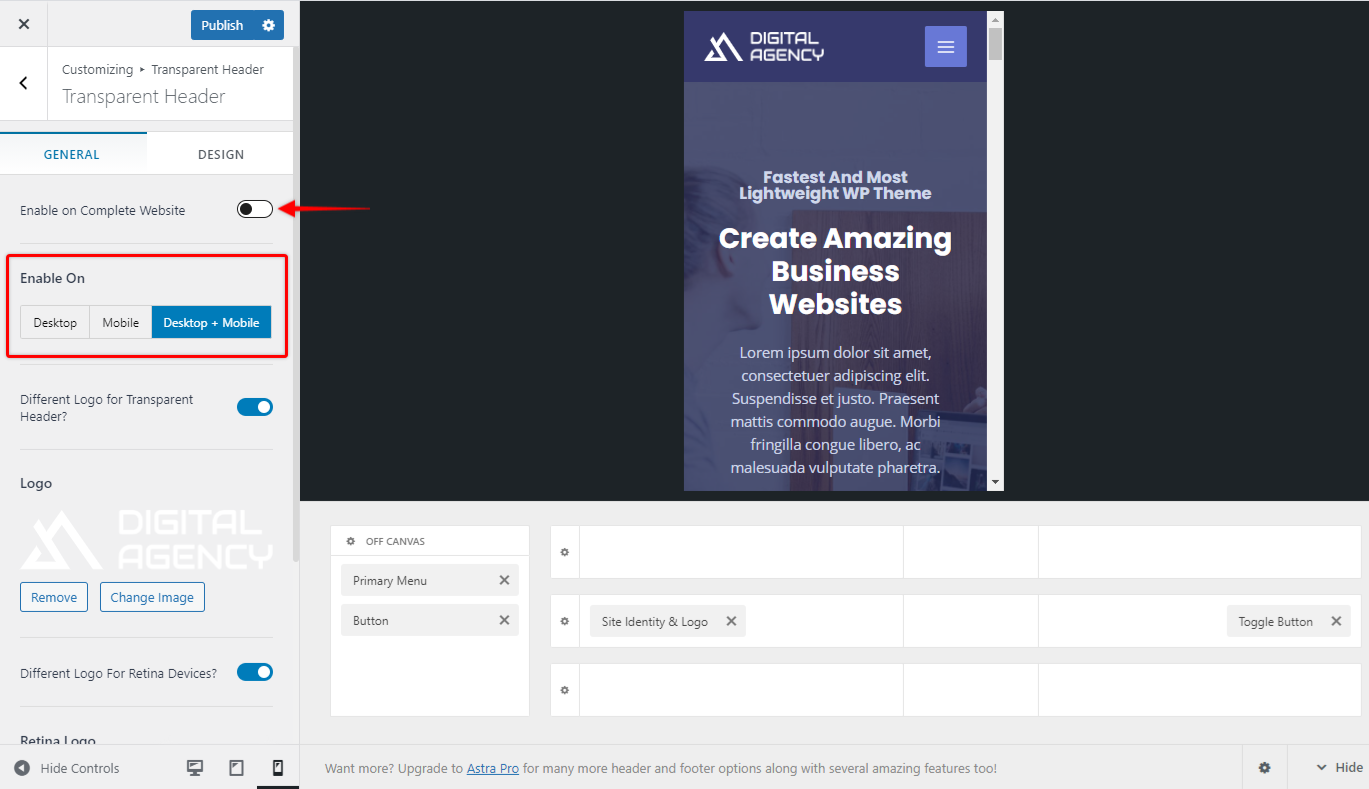 How To Create Mobile Header With Astra Header Builder Set the Transparent Header for Mobile Device