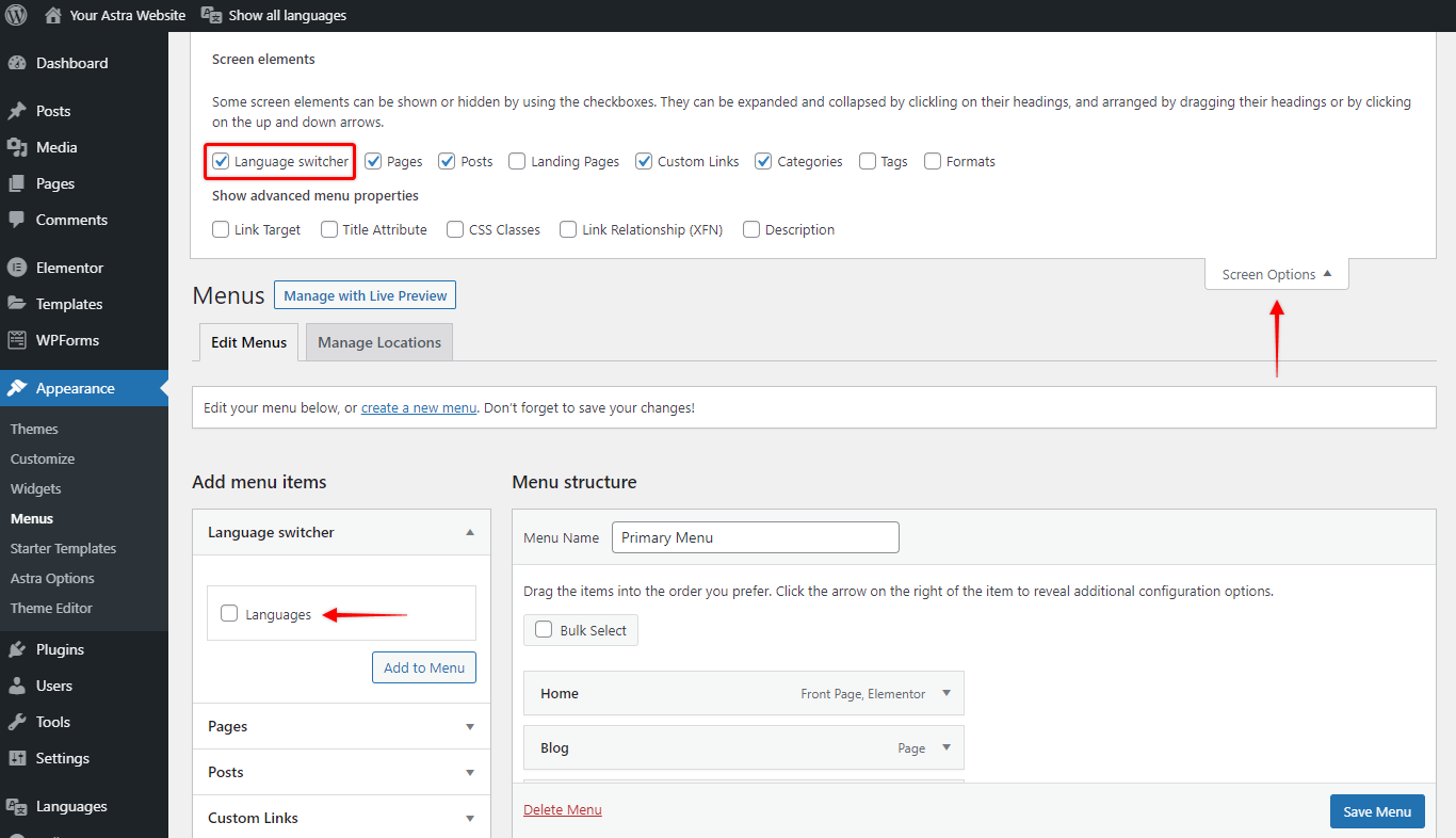How to Turn Astra Website Multilingual with Polylang? Polylang Language Switcher Option