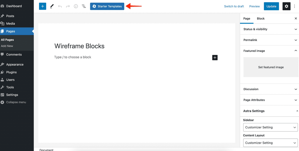Introducing Wireframe Blocks on Starter Templates and UAG Starter template in gutenberg editor