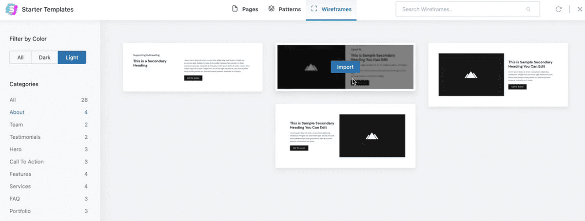 Introducing Wireframe Blocks on Starter Templates and UAG Starter templates about wireframe blocks
