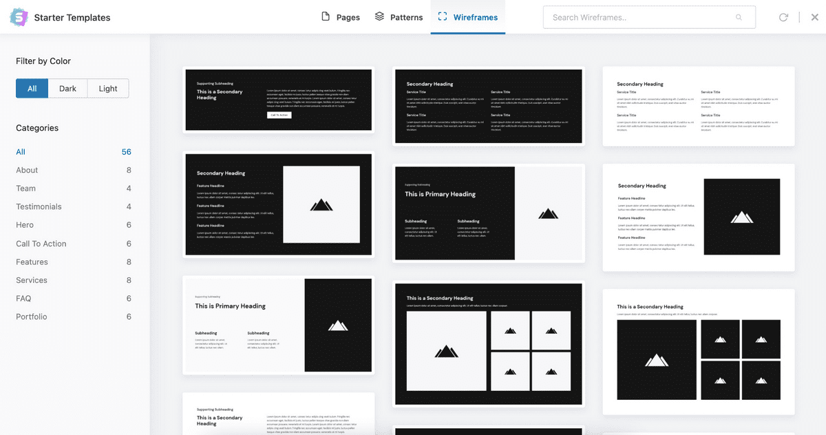 Introducing Wireframe Blocks on Starter Templates and UAG Starter templates wireframe blocks