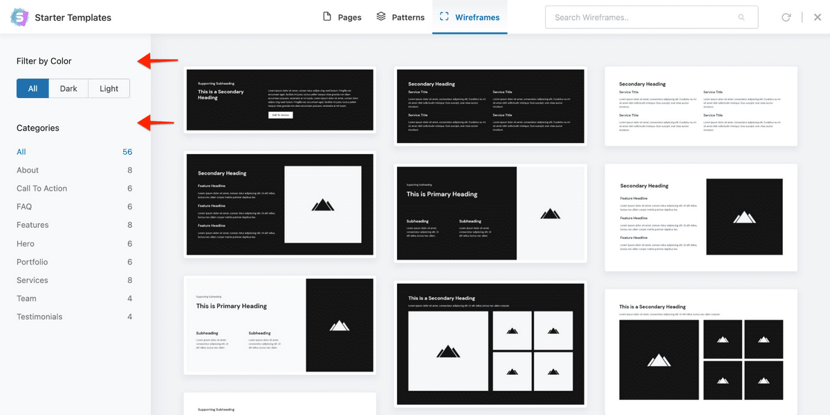 Introducing Wireframe Blocks on Starter Templates and UAG Starter templates wireframe filter options
