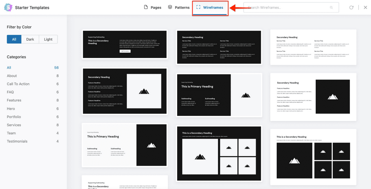 Introducing Wireframe Blocks on Starter Templates and UAG Starter templates wireframe