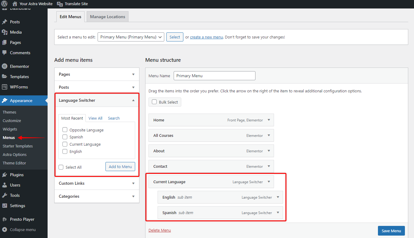 How to Turn Astra Website Multilingual with TranslatePress? Add TranslatePress Language Switcher to Menu