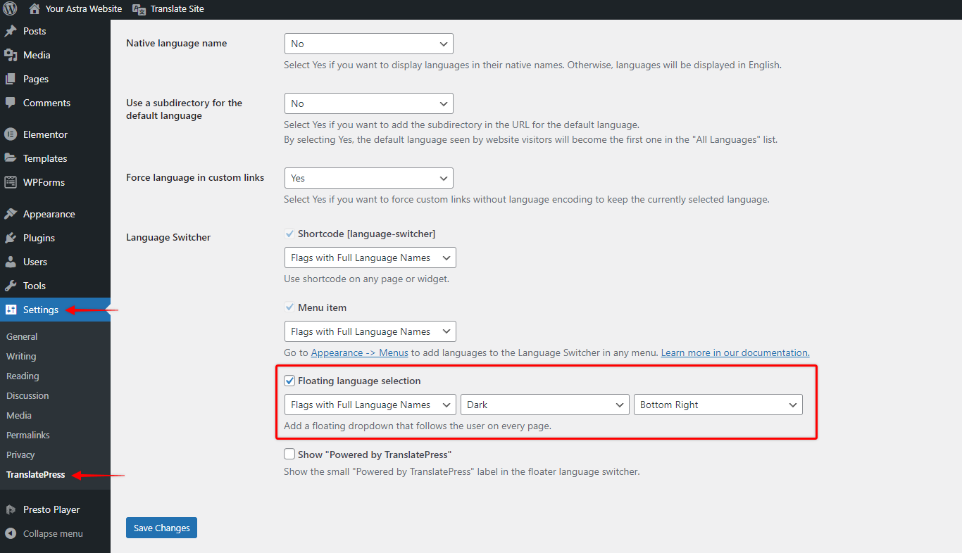 How to Turn Astra Website Multilingual with TranslatePress? Add TranslatePress Floating Language Switcher