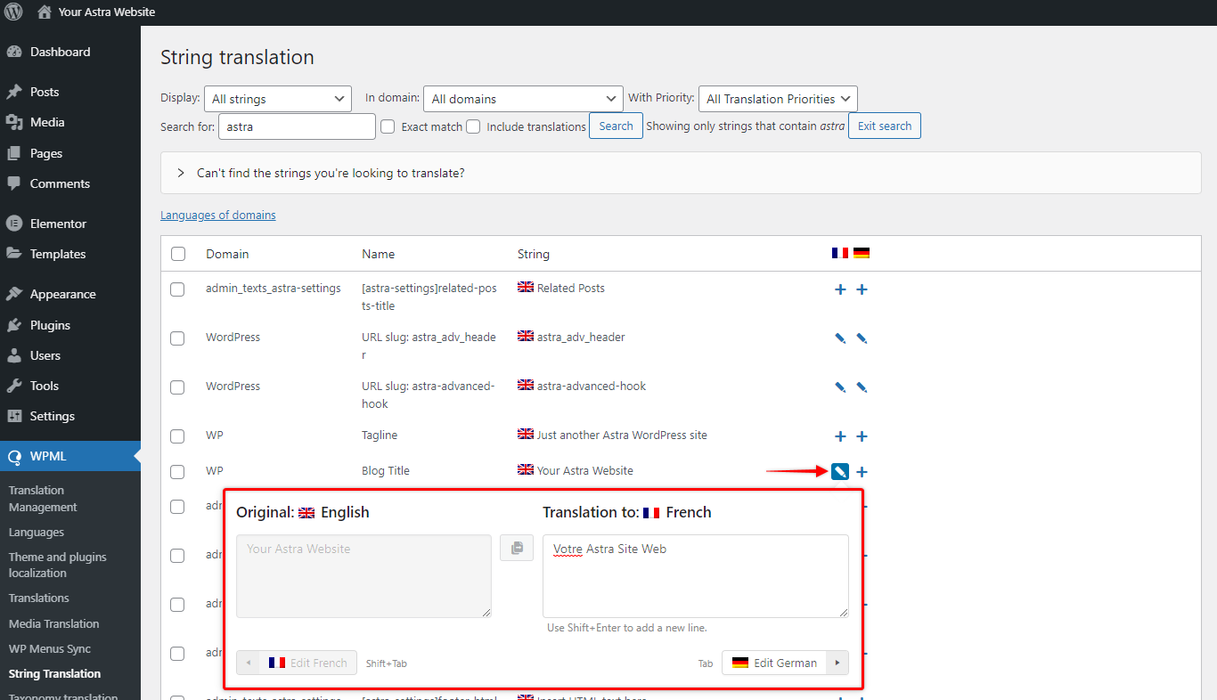 How to Translate Astra Strings with WPML? Strings Translation with WPML