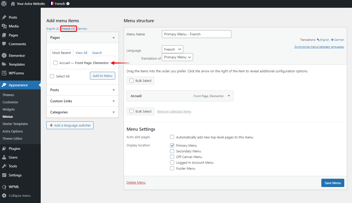 How To Make Astra Multilingual With WPML Translate Menu Items