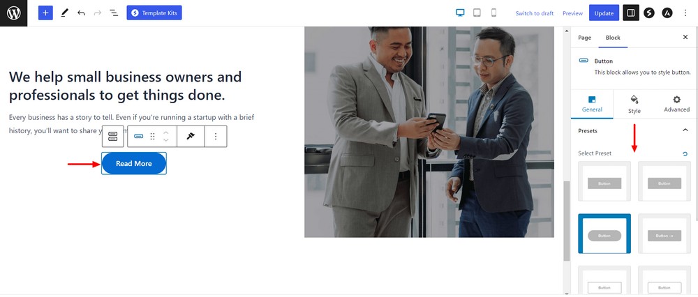 How To Create a Landing Page in WordPress (3 Methods) Add button presets and text