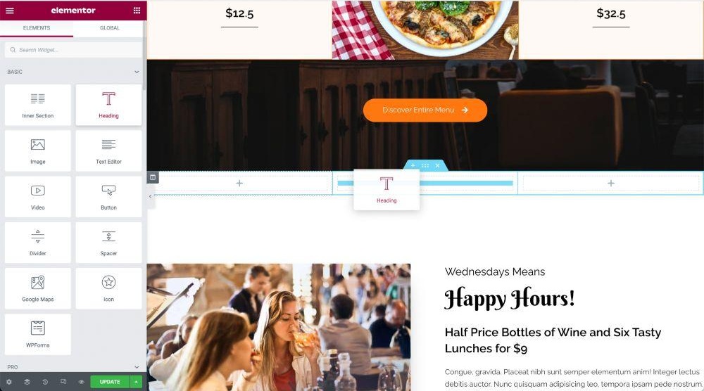 How To Create a Restaurant Website (WordPress Guide) Adding heading in Elementor