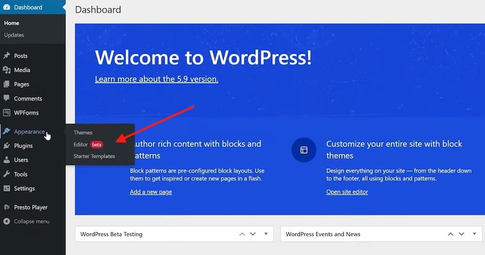 WordPress 5.9 - What’s New in the Latest WordPress Update? Editor in menu