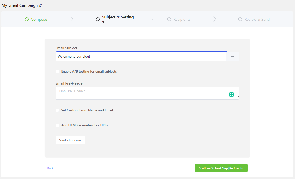 WordPress Email Marketing: In-Depth Tutorial, Useful Plugins and Automations Email campaign subject and setting