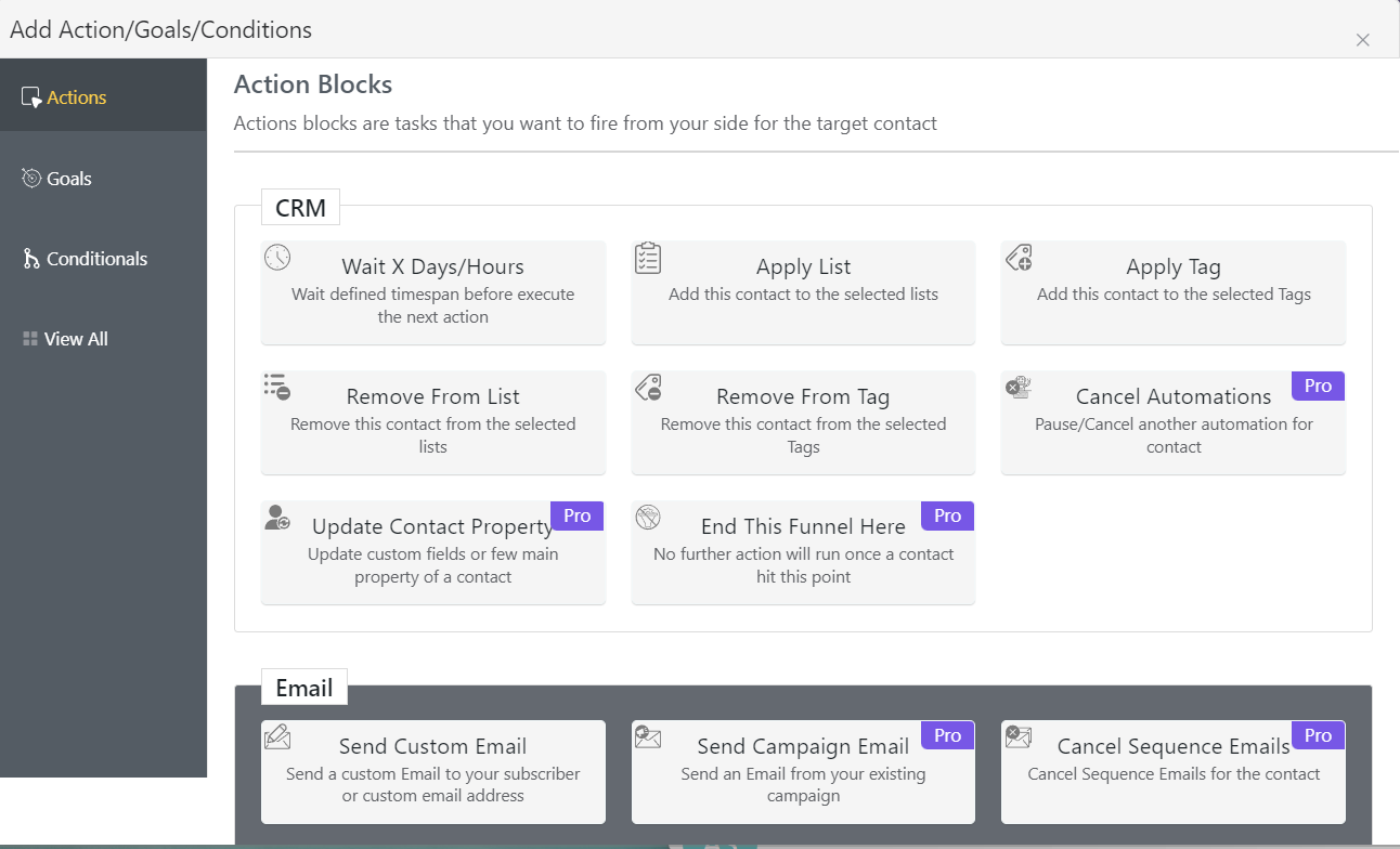 WordPress Email Marketing: In-Depth Tutorial, Useful Plugins and Automations FluentCRM action blocks