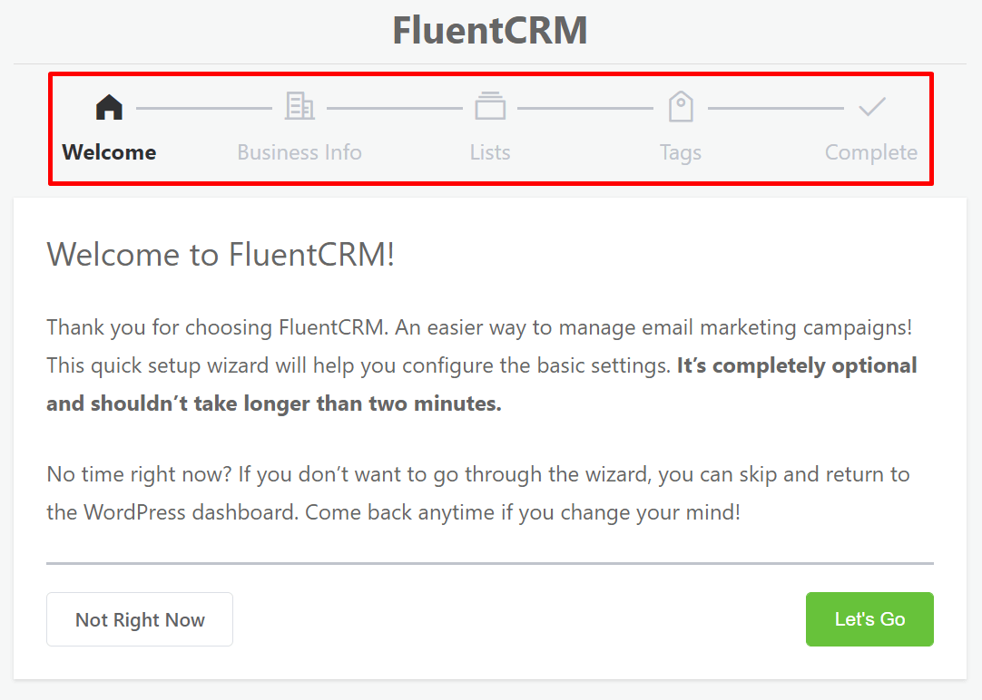 WordPress Email Marketing: In-Depth Tutorial, Useful Plugins and Automations FluentCRM Setup Wizard