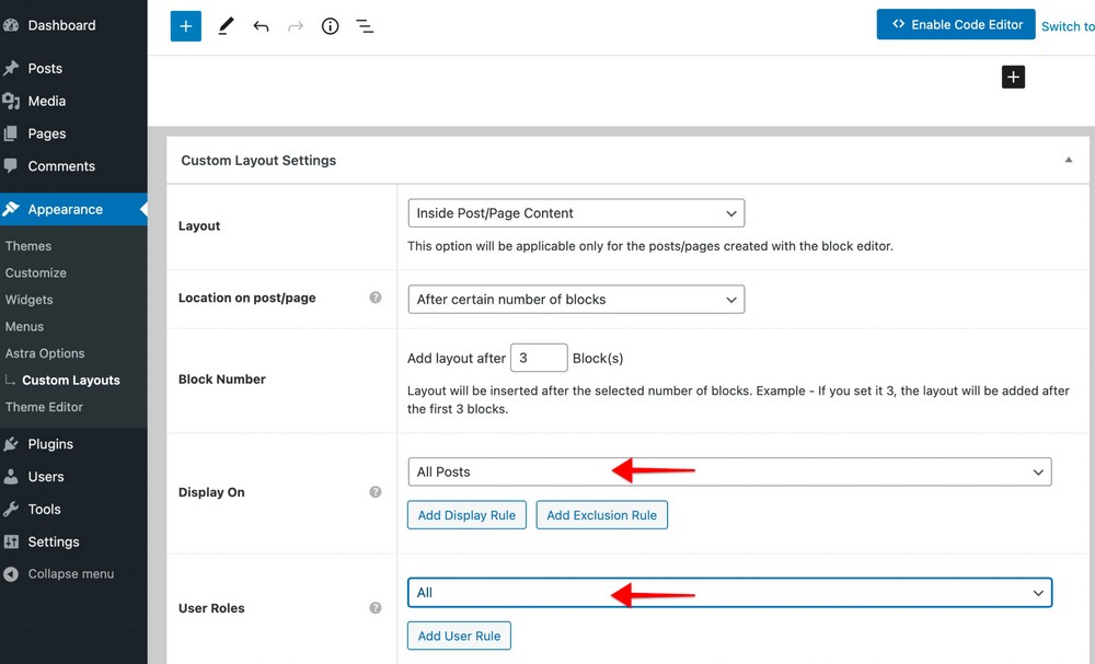 How To Create an Email List Using WordPress - Beginner's Guide Astra custom layouts settings