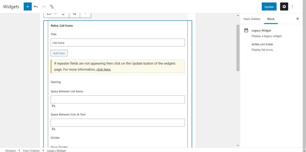 How to Resolve Repeater Fields Not Working in Widget Block Editor? Astra legacy widget