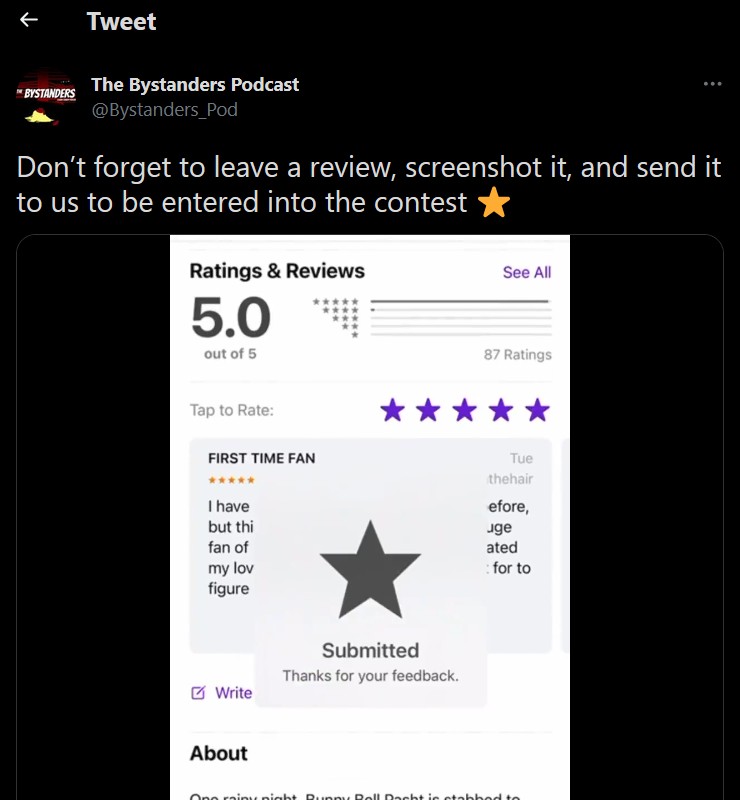 Podcast Marketing: 20+ Marketing Tips to Promote Your Podcast Example of the bystanders podcast giveaway