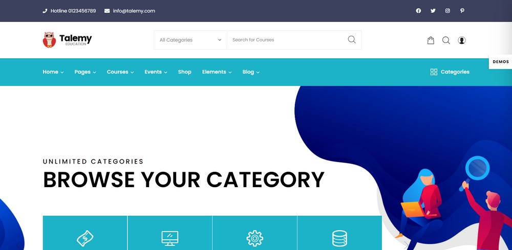 15 Best WordPress LMS Themes for Elearning Websites (Free and Paid Options) talemy website demo