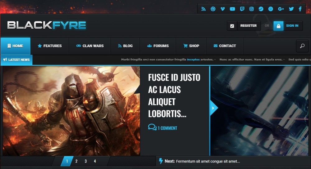 25 Best WordPress Gaming Themes - Free and Premium Options Blackfyre WordPress theme home page