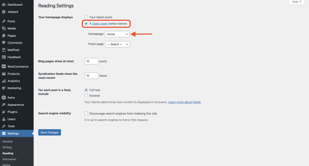 Set WooCommerce Shop Page as Homepage static page dropdown