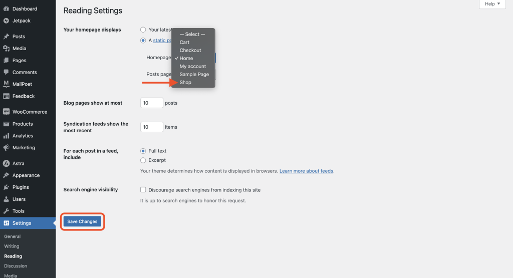 Set WooCommerce Shop Page as Homepage Shop page is set as home page