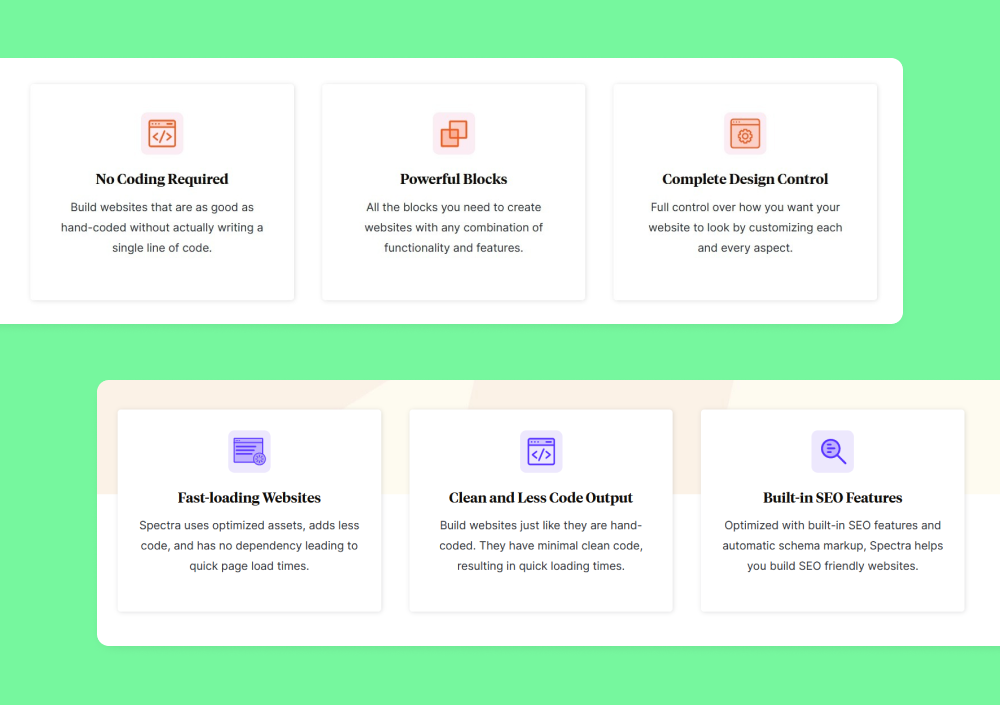 Announcing Spectra 2.0: The visual page builder for ultra fast websites Displaying features with container block