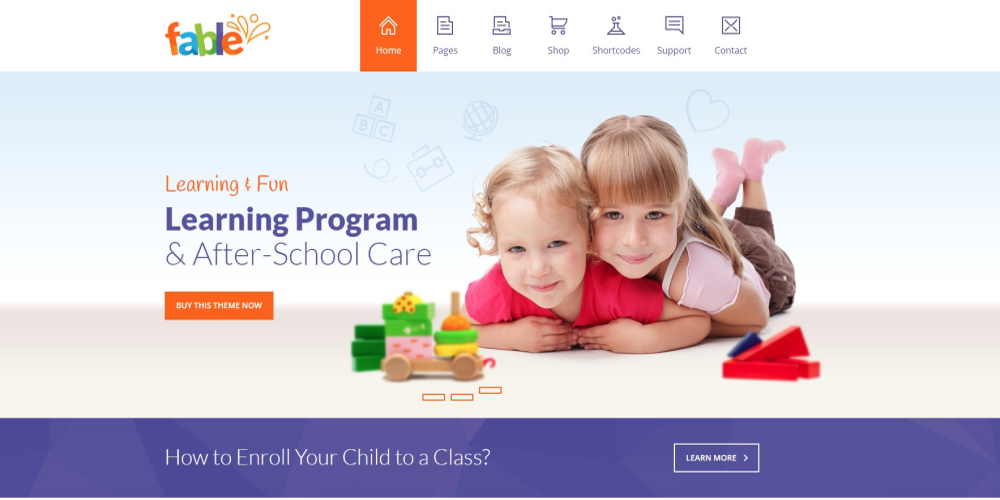 Best Kindergarten WordPress Themes: For Preschools, Nursery and Daycare Services Home page of Fable WordPress theme demo