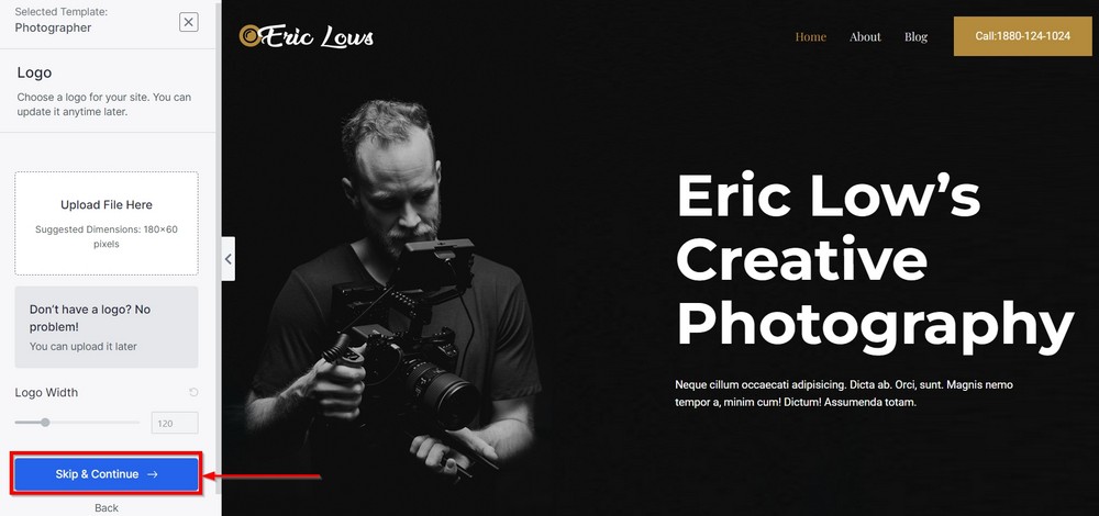 How To Create a Photography Website – Beginner's Guide add logo on astra starter template to create photography website