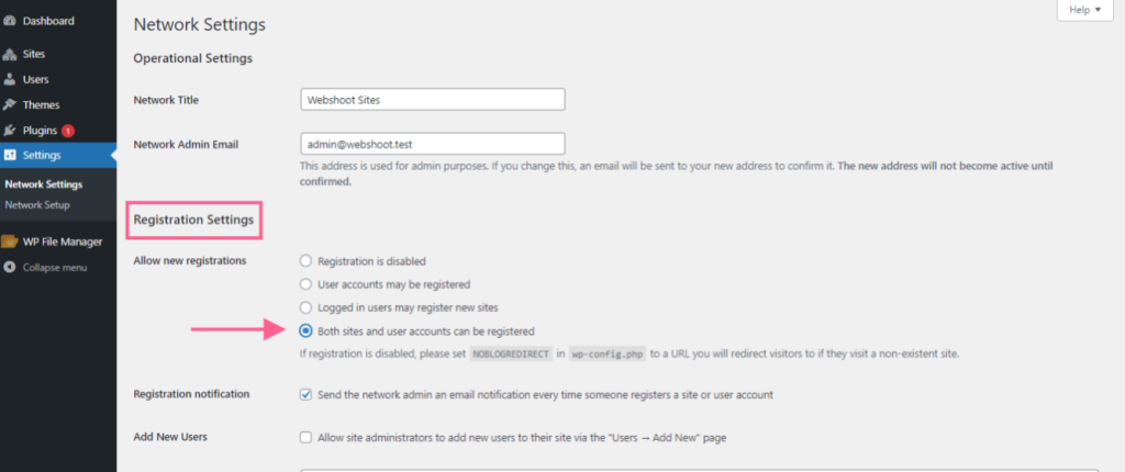 How to Create a Multisite Network and Use Astra Child Theme On It Ast Network Registration Settings 1024x430