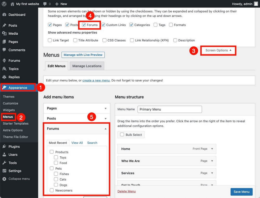 How To Create a Forum Website With WordPress (Beginner’s Guide) bbPress menu items