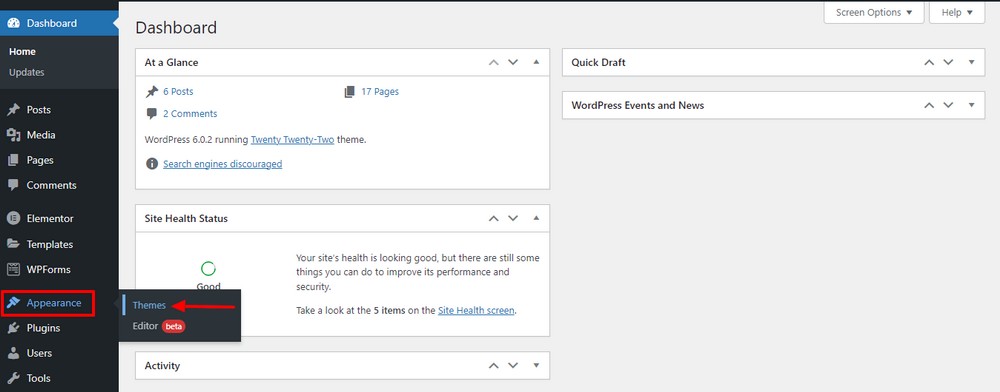 How To Create a Dental Website for Clinics and Dentists Dashboard Appearance Themes area