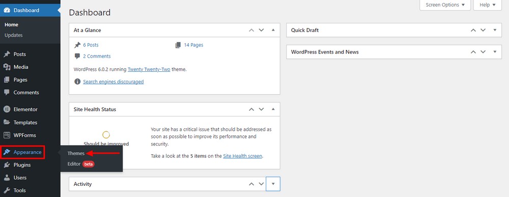 How To Create a Recipe Website in Under an Hour Dashboard Appearance Themes option