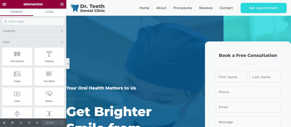 How To Create a Dental Website for Clinics and Dentists Elementor editor panel